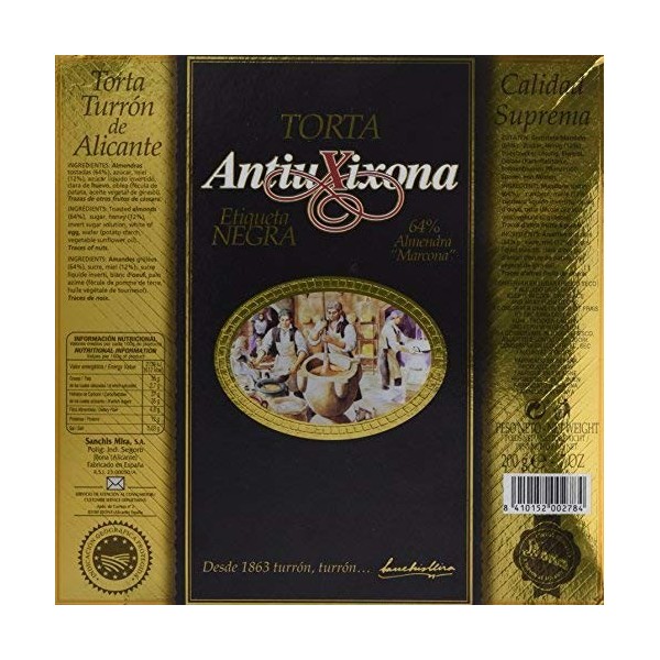 Torta de Turrón espagnol dur avec dénomination dorigine - Marque Antiu Xixona, Nougat Label Noir, Qualité Suprême, 200g