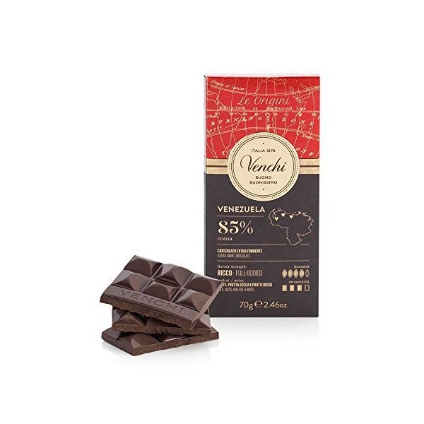 Venchi Tablette de chocolat noir 85 %, Venezuela, 70 g - Chocolat mono-origine - Sans gluten