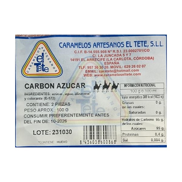 Charbon doux pour les rois magiciens. Charbon de sucre sans gluten. Charbon doux dans un sac de 100gr 10 sachets 