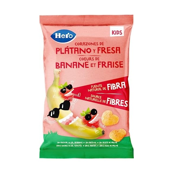 Hero Snacks Coeurs de Banane et Fraise sans Sucres ni Sel Ajoutés- Lot 9 x 30 g