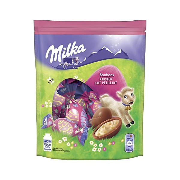 Milka - Bonbons Fourrés Chocolat au Lait Pétillant - Œufs en Chocolat de Pâques - Au Lait du Pays Alpin - Cacao 100% Durable 