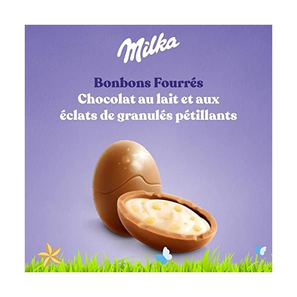 Milka - Bonbons Fourrés Chocolat au Lait Pétillant - Œufs en Chocolat de Pâques - Au Lait du Pays Alpin - Cacao 100% Durable 