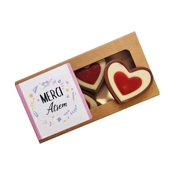 NostalGift.com - Cœurs "Merci ATSEM" au chocolat au lait rouge et blanc x4