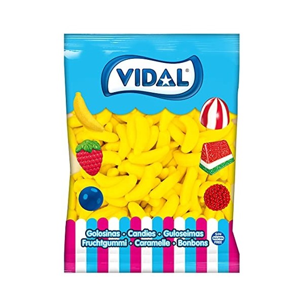 Vidal Gaines, Bananes géantes Sucre, Caramel en caoutchouc en forme de banane et couleur jaune recouvert de sucre. Sac de 1 k