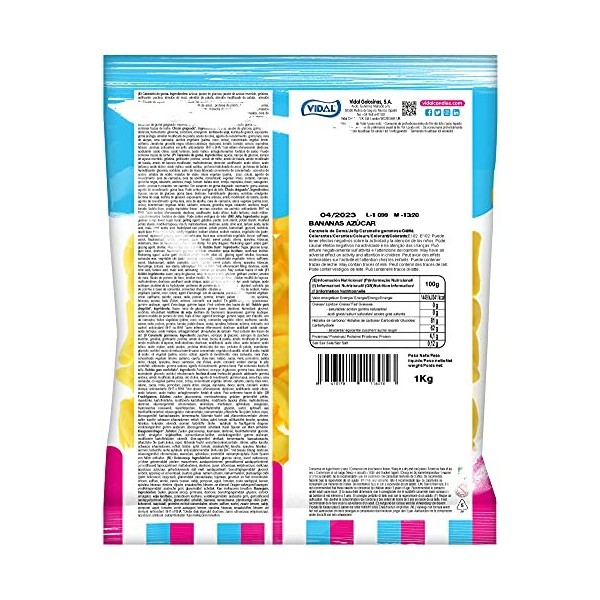 Vidal Gaines, Bananes géantes Sucre, Caramel en caoutchouc en forme de banane et couleur jaune recouvert de sucre. Sac de 1 k