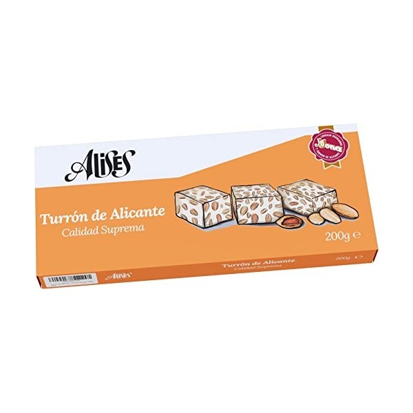 Alises- Turrón de Alicante 200g - Amandes et Miel - Qualité Suprême - sans Gluten sans Lactose - Touron - Nougat