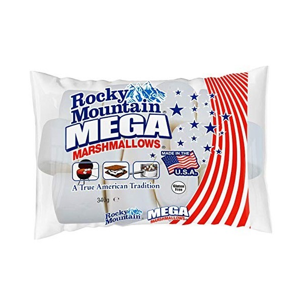 Rocky Mountain Marshmallows MEGA 340g, bonbons américains traditionnels à rôtir sur le feu de camp, à griller ou à cuire au f