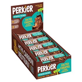 Perkier Bars, Salted Caramel & Dark Chocolate 15 Bars - Healthy, Vegan and Gluten Free Low Calorie Snack Bars