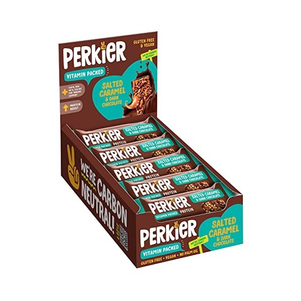 Perkier Bars, Salted Caramel & Dark Chocolate 15 Bars - Healthy, Vegan and Gluten Free Low Calorie Snack Bars
