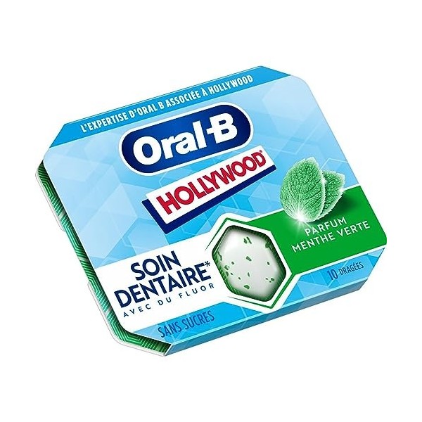 Hollywood Oral B - Chewing-Gum Sans Sucre Au Fluor - Parfum Menthe Verte - Soin Dentaire - Pour des Dents Saines - Haleine Fr