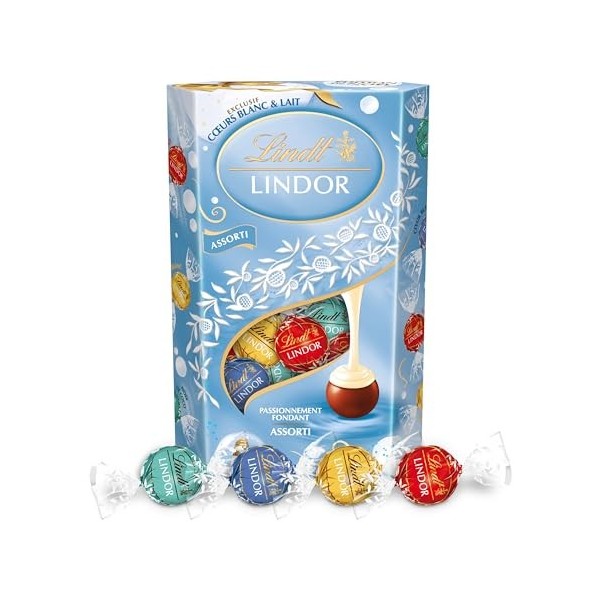 Lindt - Cornet LINDOR Assorti Cœurs Blanc et Lait - Assortiment de Chocolats au Lait, Blancs, Cœur Blanc et Noix de Coco - Cœ
