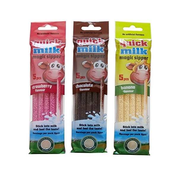 Quick-Milk Magic Sipper Straws, Flavoured Straws for instant Milkshake - Strawberry - Chocolate - Banana by REA-UK