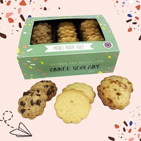 COFFRET CADEAU FIN DANNEE SCOLAIRE PERSONNALISE AVEC VOTRE TEXTE - COFFRET SOPHIA MM ASSORTIMENT 3 VARIETES DE BISCUITS AU B