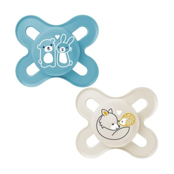 MAM Start Soothers, Baby Soothers with Self Sterilising Travel Case, Newborn Essentials, White/Grey Designs May Vary , 0-2 M