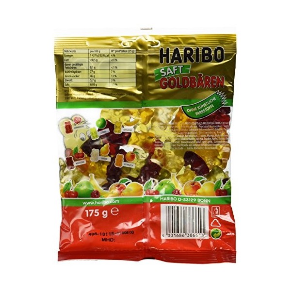 Haribo LOurs dOr Juteux, Bonbons, Bonbons Gélifiés, Bonbons Fruités, en Sachet, Paquet, 175 g