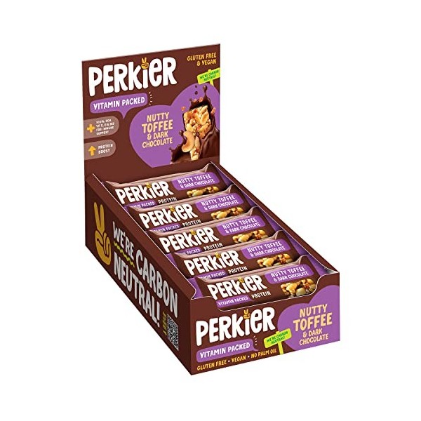 Perkier Bars, Nutty Toffee & Dark Chocolate 15 Bars - Healthy, Vegan and Gluten Free Low Calorie Snack Bars