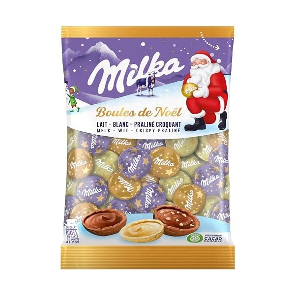 Milka Boules de Noël - Chocolats de Noël - 3 Goûts : Lait, Blanc, Praliné Croquant - Chocolat à Offrir - 350 g