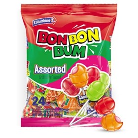 Sucettes Bon Bon Bum rondes au coeur de chewing gum assortiment Colombina / Colombie 24 sucettes
