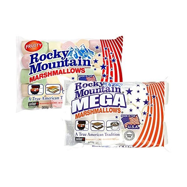 Rocky Mountain Marshmallows Tasting Set Fruity & Mega, des bonbons américains traditionnels colorés à rôtir sur un feu de cam