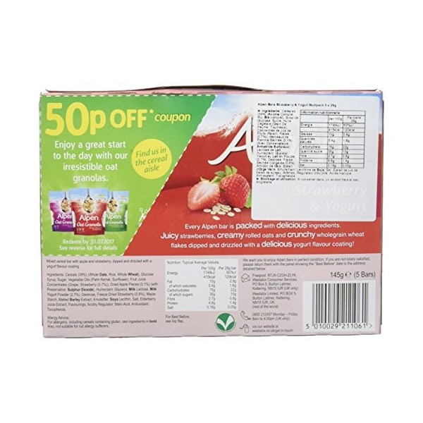 Alpen Barres aux Céréales à la Fraises/au Yaourt 5 Barres 144 g