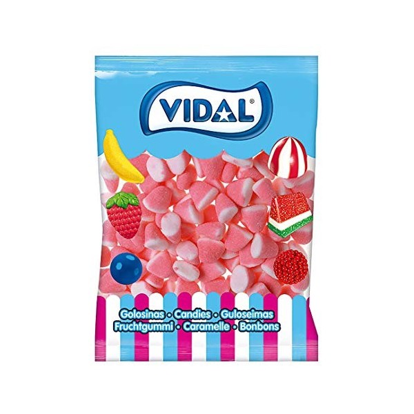 Vidal Goûtes Sucre de sucre en caoutchouc saveur fraise Nata et couleur rose et blanc, sachet de 250 unités.