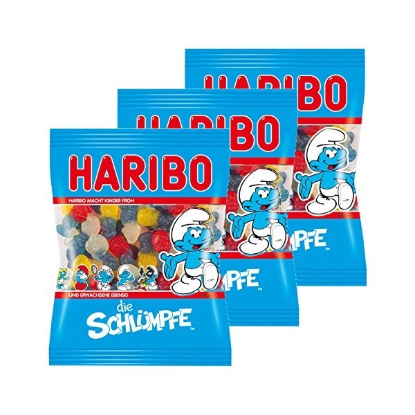 Haribo Schtroumpfs, Lot de 3, Caoutchouc - Babyours - Vin en Caoutchouc, Fruit en Caoutchouc, Vegeta RISCH en Sachet, Pochett