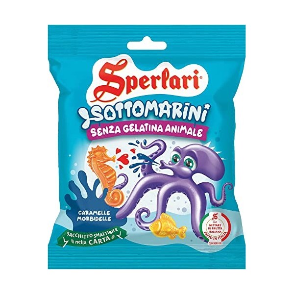 Sperlari Sottomatini Kids Lot de 3 bonbons aux fruits doux et étincelants en forme danimaux marins, pêche, poire, framboise 