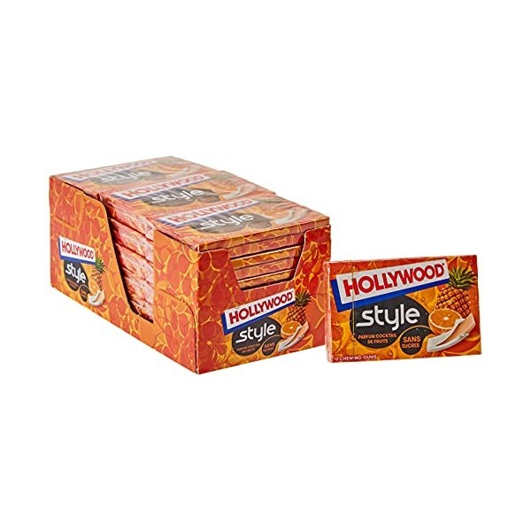 Hollywood Chewing Gum Style - Parfum Cocktail de Fruits - Sans Sucres avec Édulcorants - Lot de 18 paquets de 12 gums - 23 g
