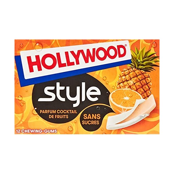 Hollywood Chewing Gum Style - Parfum Cocktail de Fruits - Sans Sucres avec Édulcorants - Lot de 18 paquets de 12 gums - 23 g