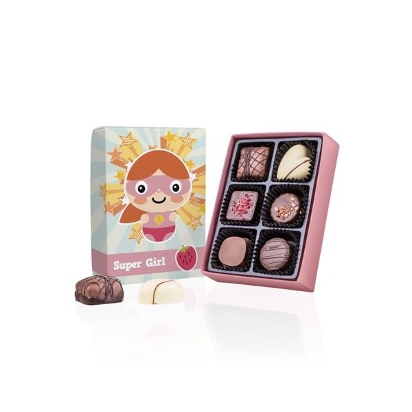 Boîte de chocolats pour fille- Super Girl | 6 Chocolats | Assortiment chocolat | Cadeau pour les filles | Offrir | Luxe | Pre