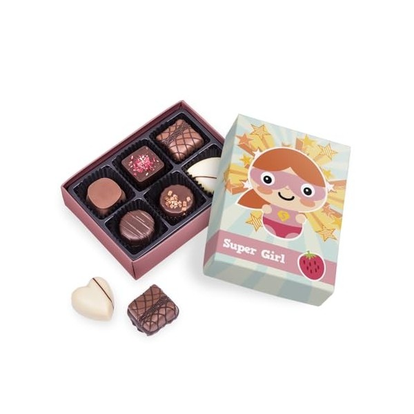 Boîte de chocolats pour fille- Super Girl | 6 Chocolats | Assortiment chocolat | Cadeau pour les filles | Offrir | Luxe | Pre