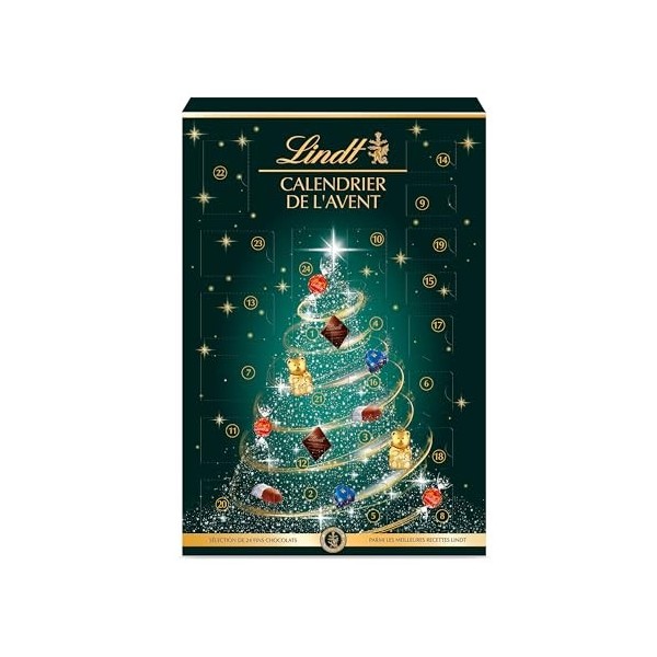 Lindt - Calendrier de lAvent - Assortiment de Chocolats au Lait, Noirs et Blancs - Idéal pour Noël, 221 g