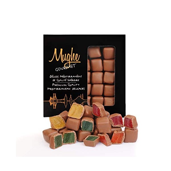 Boîte cadeau de bonbons turcs Mughe Gourmet enrobés de chocolat et aromatisés aux fruits - Rose, fraise, citron, orange, ment