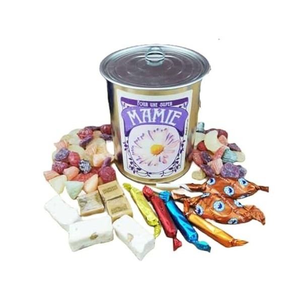 NostalGift.com - Coffret bonbon ancien : Boite de conserve remplie de bonbons "Pour une super mamie"