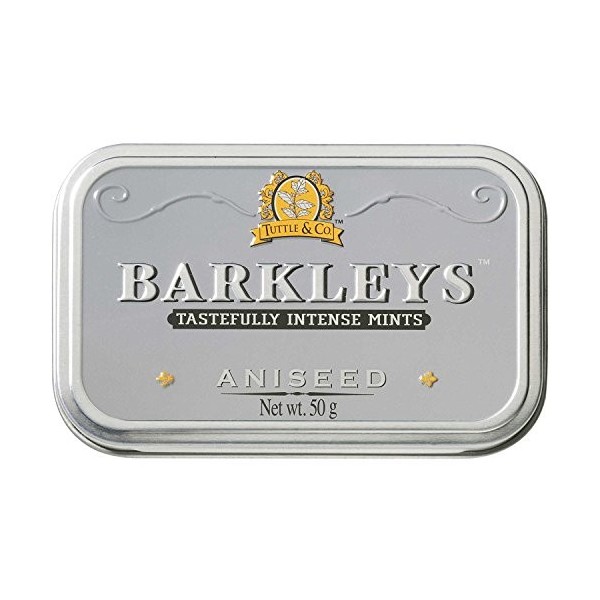 Barkleys Grey Candy Anis. Pack de 6 canettes. Chaque boîte contient 50 grammes de dragées danis. Sans dérivés du lait, glute