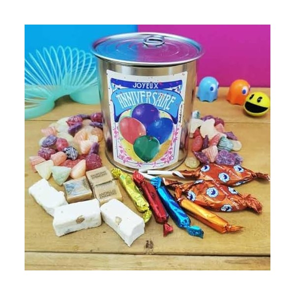 NostalGift.com - Coffret bonbon ancien : Boîte de conserve remplie de bonbons "Joyeux anniversaire"