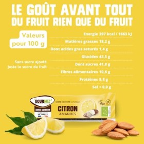Gourmiz barres de fruits - 10 x 35gr, barre glucidique énergétique bio, citron, amandes, dattes, snacks vegan, sport, sans gl