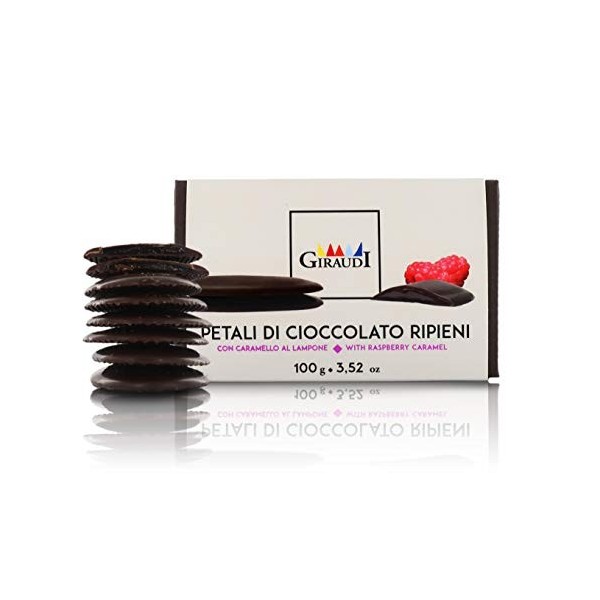 Pétales de chocolat noir au coeur caramel framboise, 100g - coffret cadeau "Les Pétales"