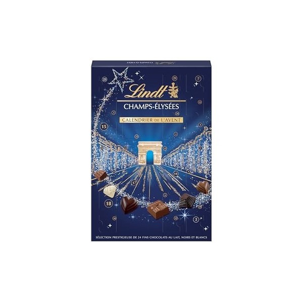 Lindt - Calendrier de lAvent CHAMPS-ÉLYSÉES - Assortiment de Chocolats au Lait, Noirs et Blancs - Idéal pour Noël, 250g