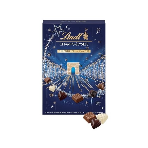 Lindt - Calendrier de lAvent CHAMPS-ÉLYSÉES - Assortiment de Chocolats au Lait, Noirs et Blancs - Idéal pour Noël, 250g