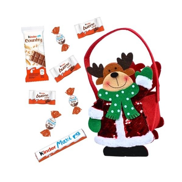 Panier feutrine Renne de Noël garni dun assortiment de 40 chocolats 4 variétés Kinder : Schokobons,Mini Bueno,Maxi, Country 