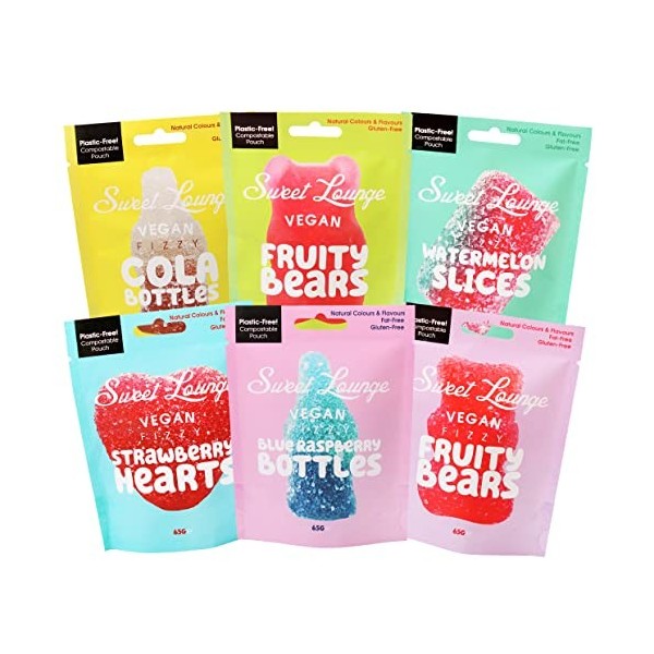 Sweet Lounge Lot de 6 bonbons végétaliens sans gluten, sans plastique 65 g