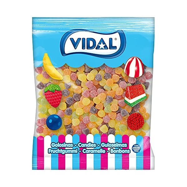 Vidal Gouttes Sucre, Gommes en caoutchouc, saveurs et couleurs assorties et recouvertes de sucre. Mélange de fruits Sac de 1 