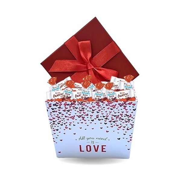 Boite carrée coeur et son assortiment de 50 mini chocolats Toblerone, Milka, Daim, Célébrations