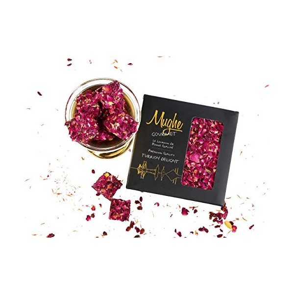 Mughe Gourmet - Boîte cadeau de loukoums turcs Premium 360g - 25pc, pistache avec pétales de rose comestibles, saveur grenade