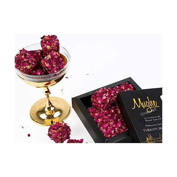 Mughe Gourmet - Boîte cadeau de loukoums turcs Premium 360g - 25pc, pistache avec pétales de rose comestibles, saveur grenade