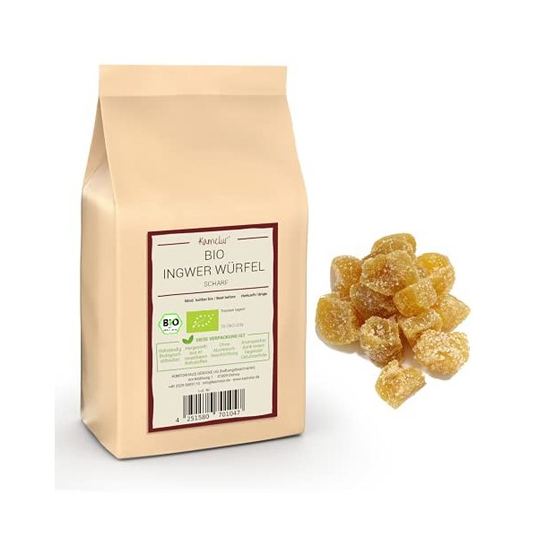 1kg de dés de gingembre BIO piquant - Cubes de gingembre sucré et confit de qualité bio supérieure, agréablement piquant et s