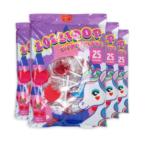 Lot de 4 sachets de sucettes Lollipop Wonderland - Lot de 100 sucettes en forme de cœur dans un emballage individuel - Pour m