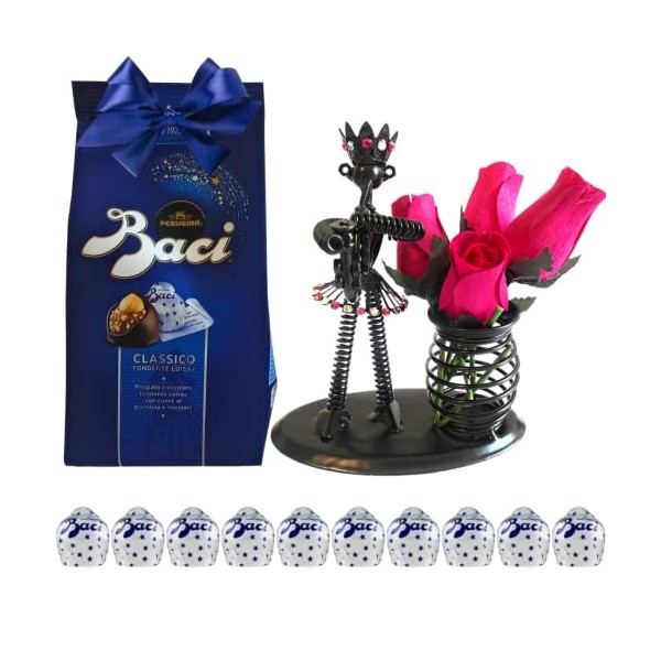 Baci Perugina Idées cadeaux pour homme et femme – Porte-stylos métal + tube Perugina 87,5 cm + boutons rouges pétales en bois