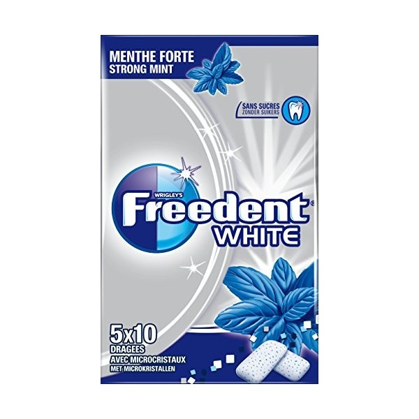 FREEDENT WHITE - Menthe forte - 5 Paquets de 10 dragées de Chewing-Gum sans sucres Lot de 6 